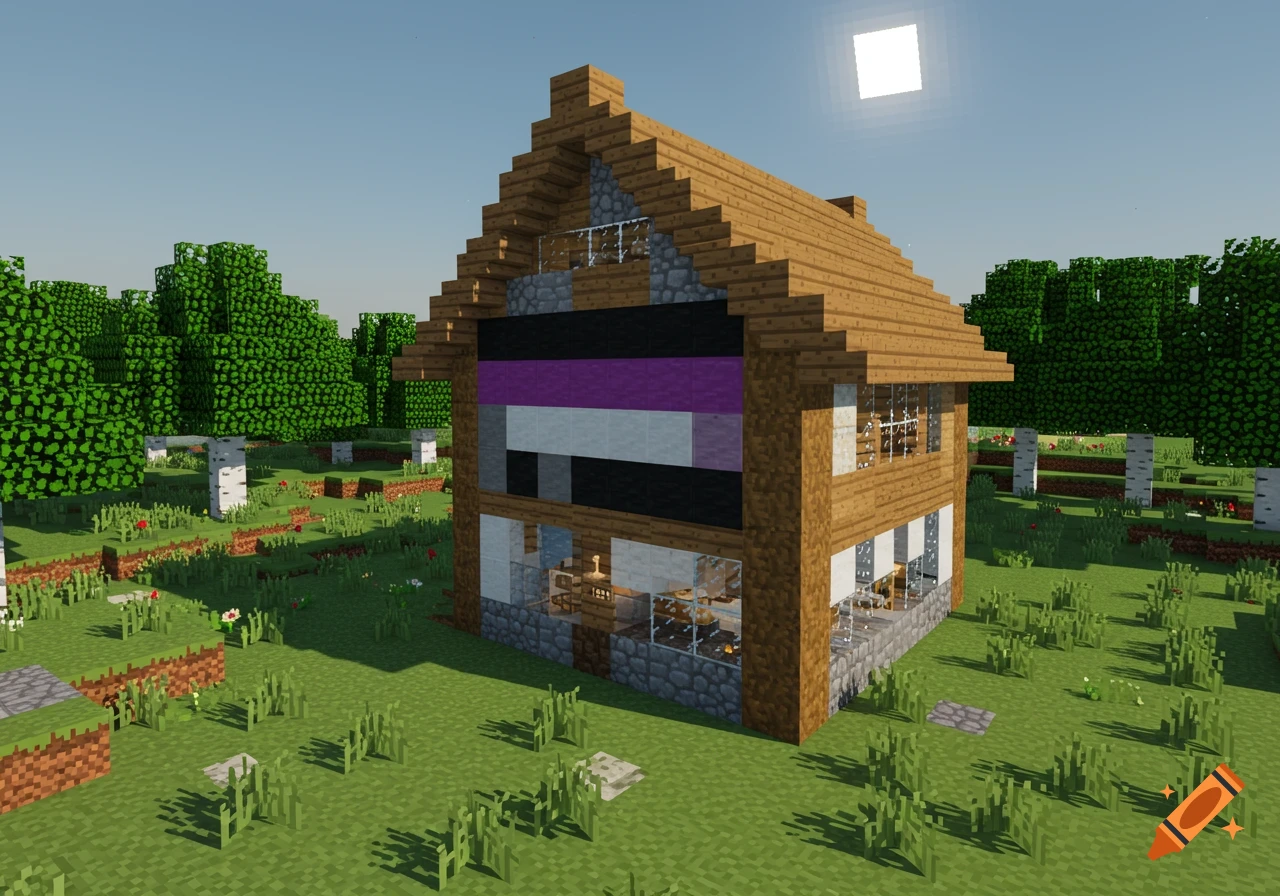 A Minecraft-style house with a flag of black, purple, grey, and black stripes on its side, set in a blocky green landscape with trees under a blue sky.