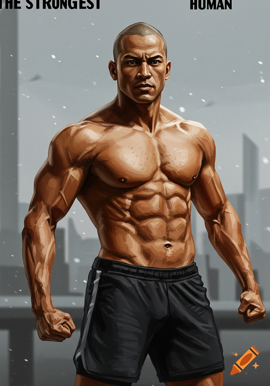 A powerfully built, shirtless man in a detailed digital painting. Text at top reads 'THE STRONGEST HUMAN'.