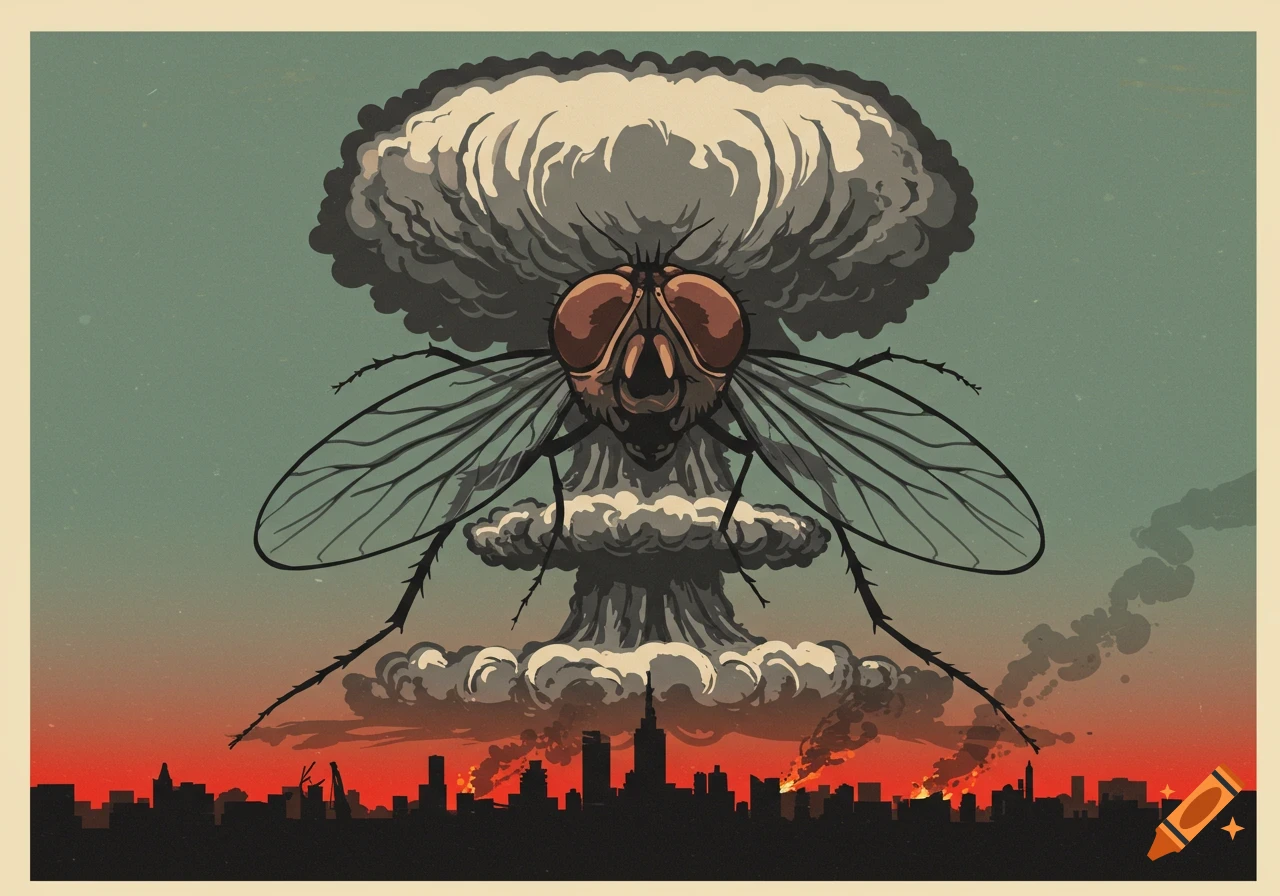 A menacing fly-shaped mushroom cloud rises over a burning city skyline in the style of a vintage propaganda poster.