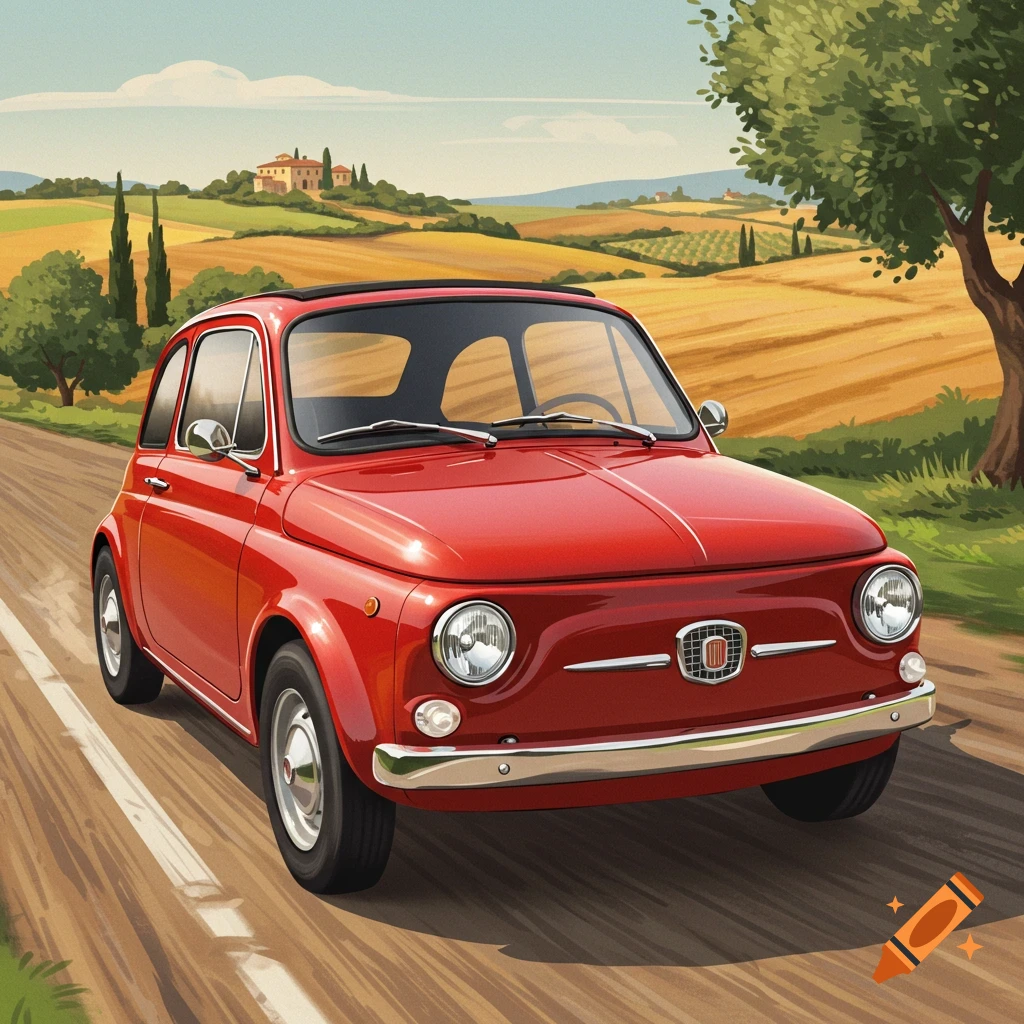 A red vintage Fiat 500 car drives on a dirt road through a sunny Italian countryside with golden fields and a villa.