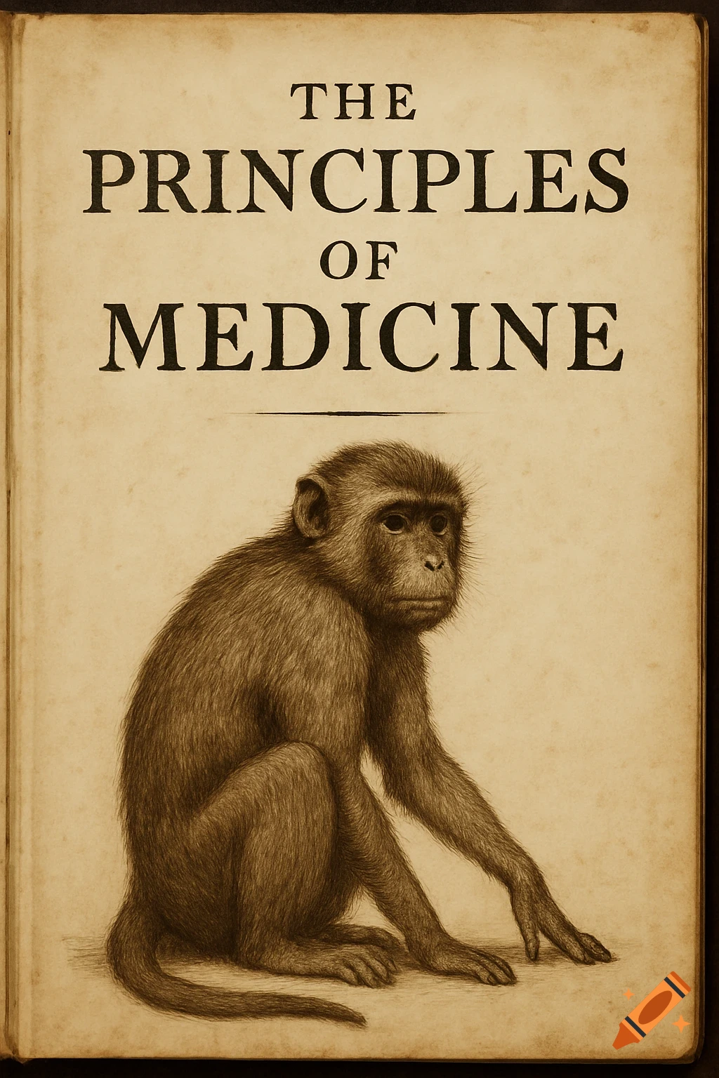 Vintage illustration of a book cover titled 'The Principles of Medicine' with a sitting monkey.