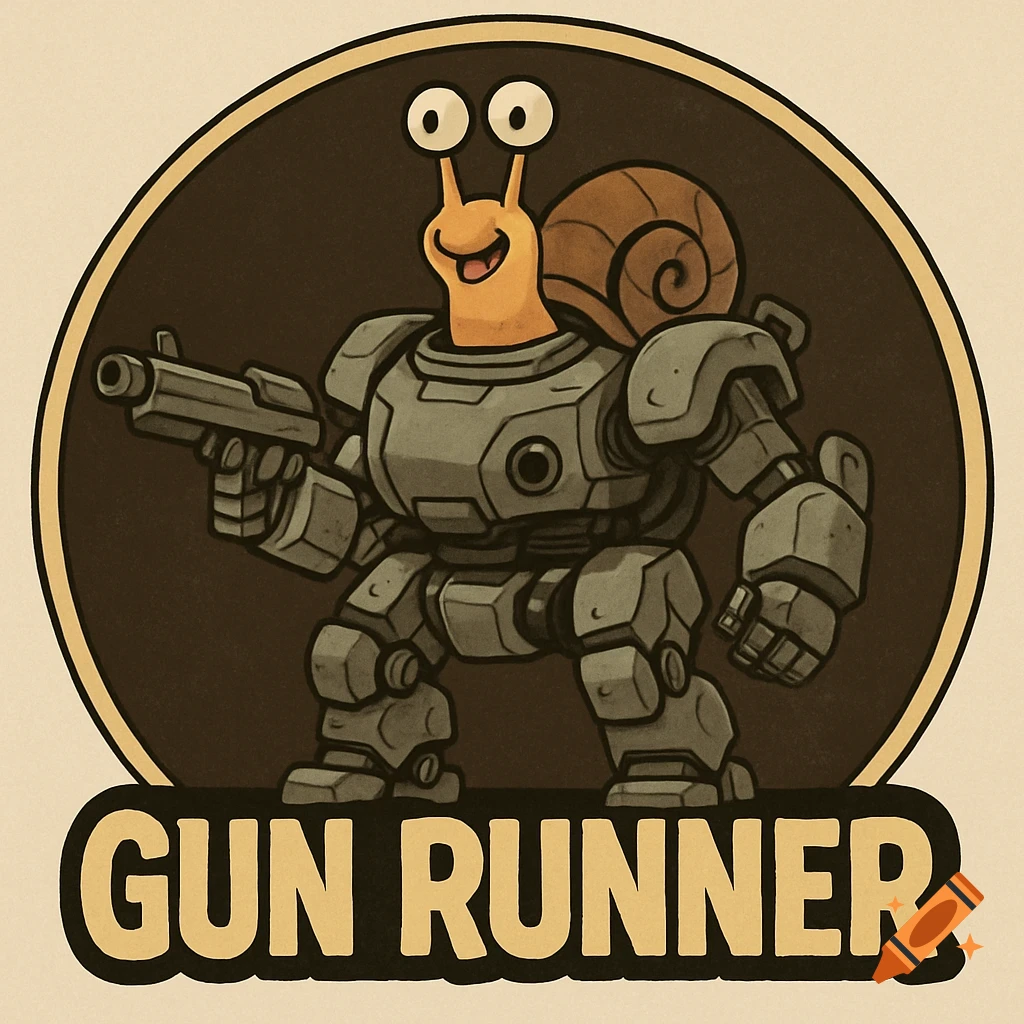 A cartoon snail wearing a grey mech suit holds a gun, within a circular frame with the words 'GUN RUNNER' below, in a vintage illustration style.