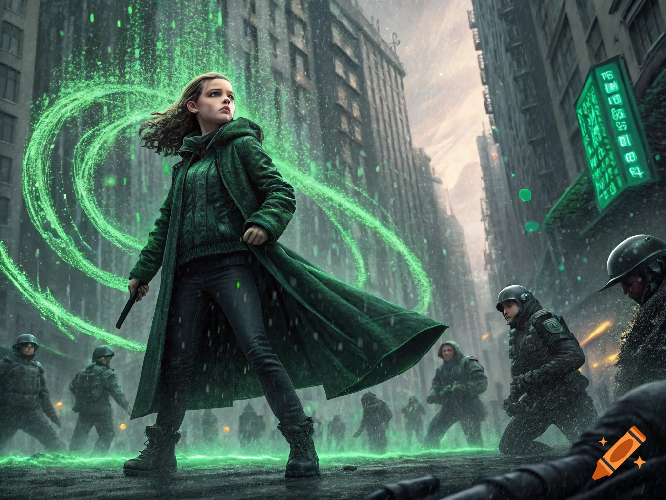 A young woman in a long green coat stands with a staff on a rainy, green-lit futuristic city street surrounded by armed soldiers.