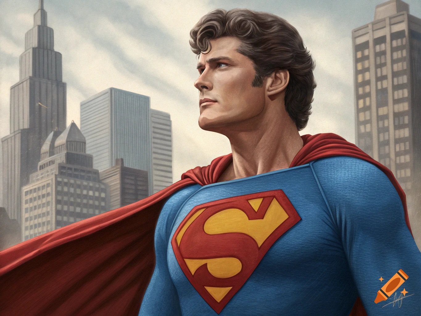 A man resembling Christopher Reeve as Superman in a blue suit and red cape, looking heroically upwards against a city skyline.
