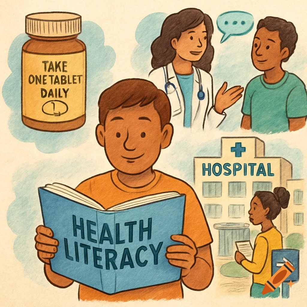 Cartoon illustration showing a man reading a 'Health Literacy' book, a medicine bottle, a doctor talking to a patient, and a hospital.