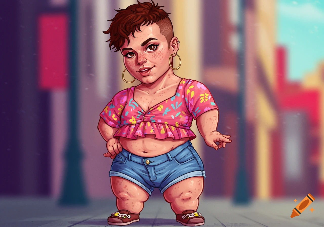 A colorful cartoon character with short stature, short brown hair, wearing a pink floral crop top and denim shorts, standing on a sidewalk.