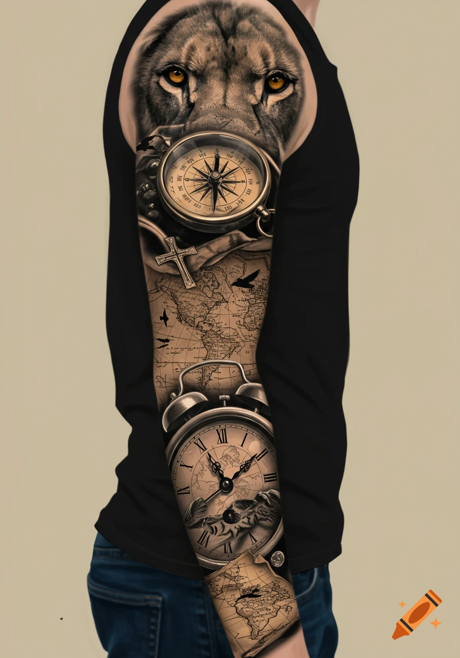 A detailed tattoo sleeve featuring a lion's face, a vintage compass, a world map, and an old alarm clock on a person's arm.