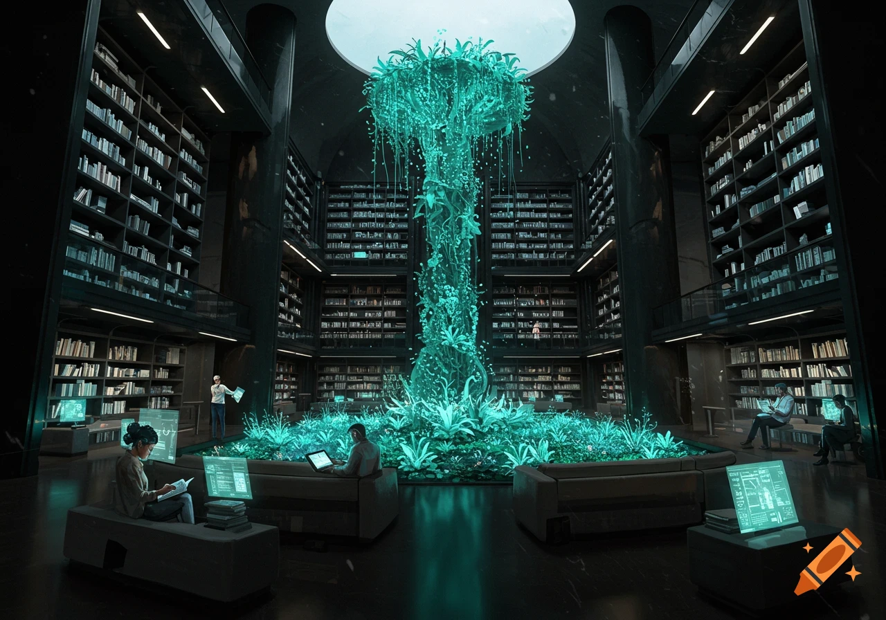 Interior of a large futuristic library with tall bookshelves, a glowing central plant structure, and people using holographic screens.