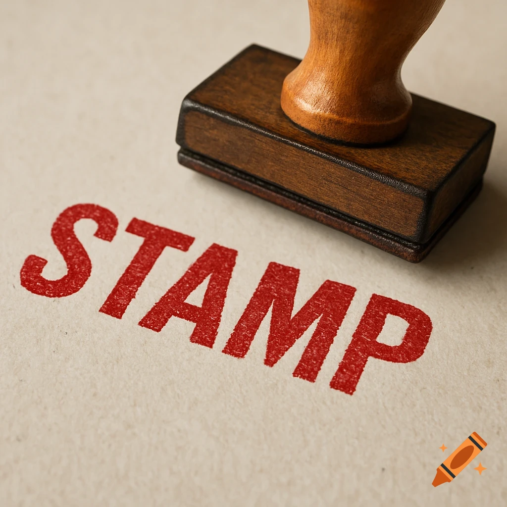 A wooden rubber stamp next to the word 'STAMP' printed in red ink on paper.