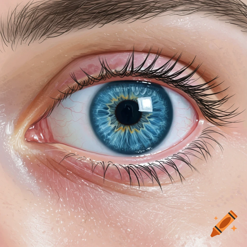 A detailed close-up illustration of a bright blue human eye with visible capillaries and long eyelashes.