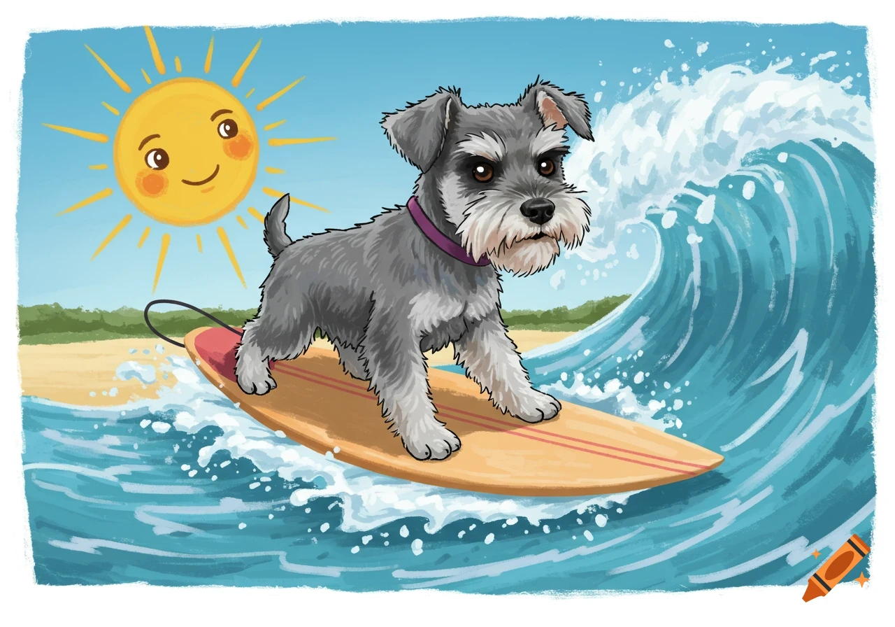 A cartoon miniature schnauzer surfs a blue wave under a smiling sun.