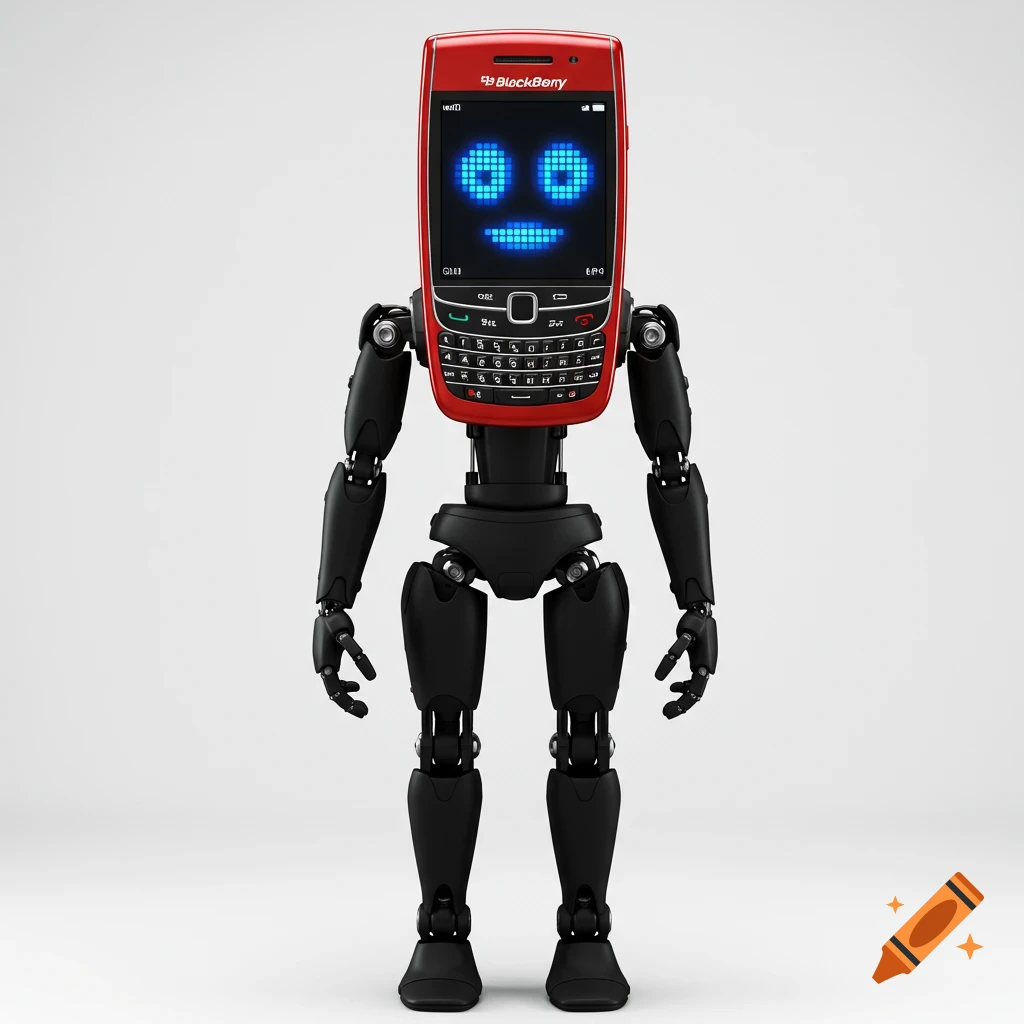 A red BlackBerry Torch 9800 forms the head of a black humanoid robot, with blue pixelated eyes and mouth on its screen. Photorealistic style.
