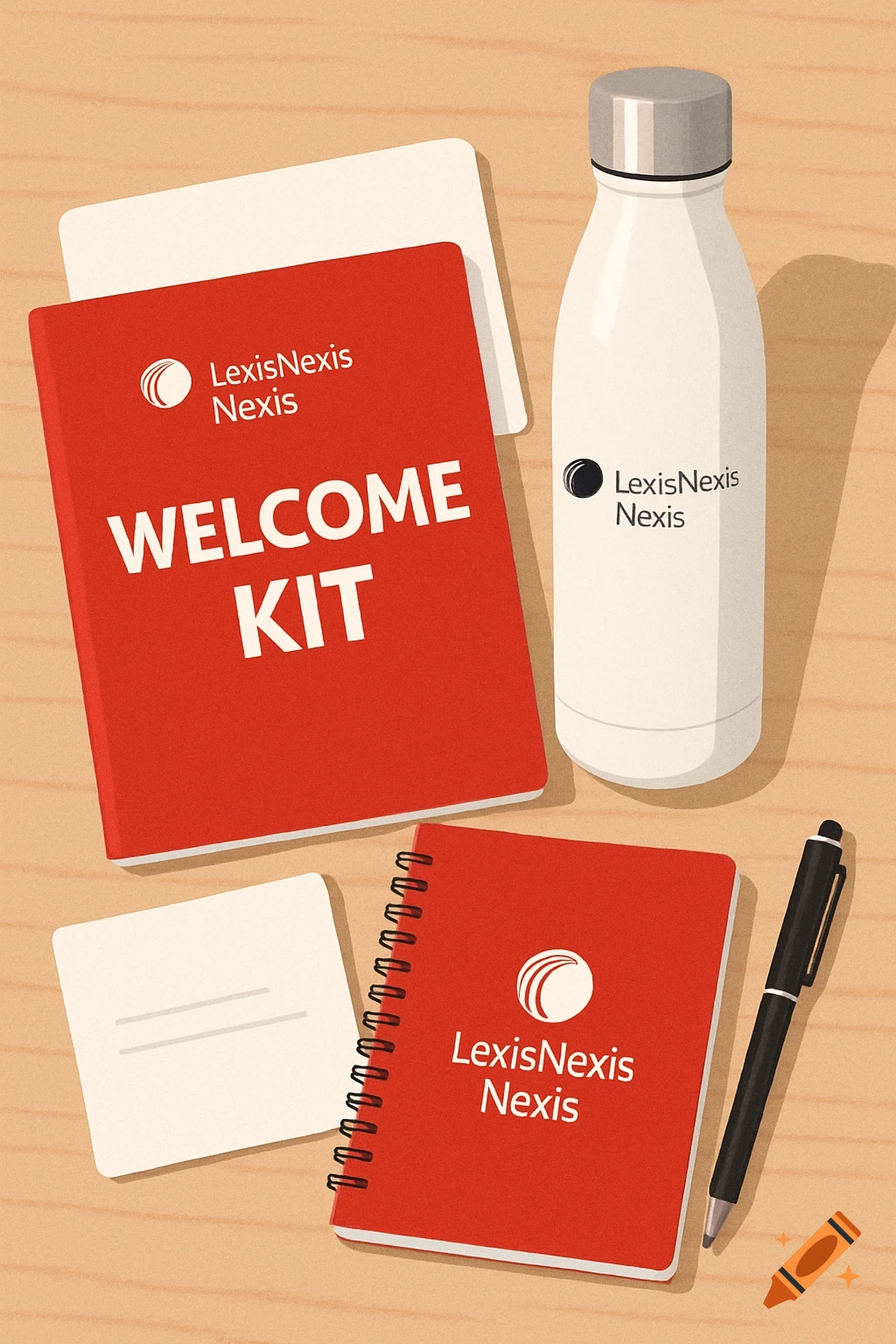 Illustration of a LexisNexis welcome kit with a red 'WELCOME KIT' book, branded water bottle, notebook, cards, and pen on a wooden desk.