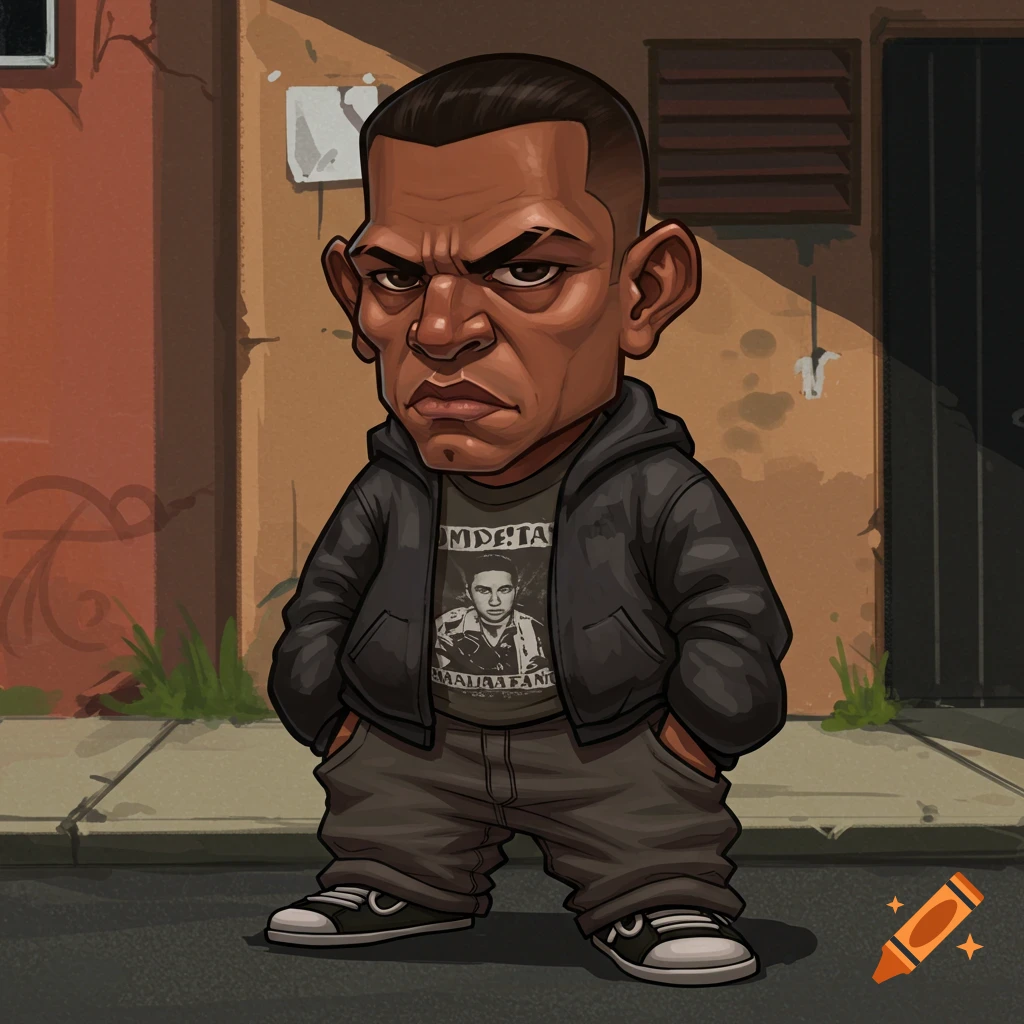 Cartoon caricature of a man with an angry expression, wearing a black hoodie, t-shirt, baggy pants, and sneakers, standing in an urban setting.