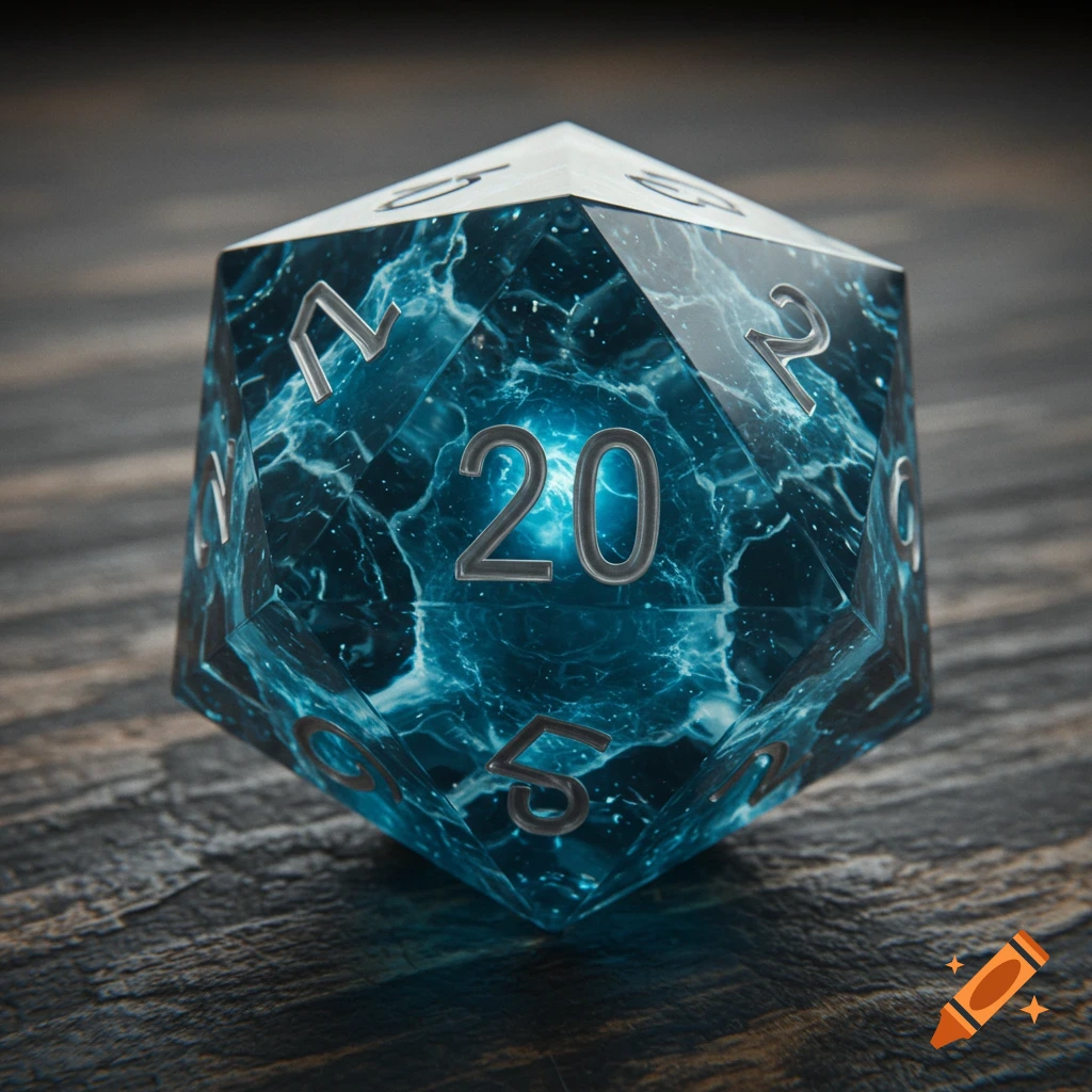 A close-up of a glowing, translucent blue crystal d20 dice on a dark wooden surface, showing the number 20.