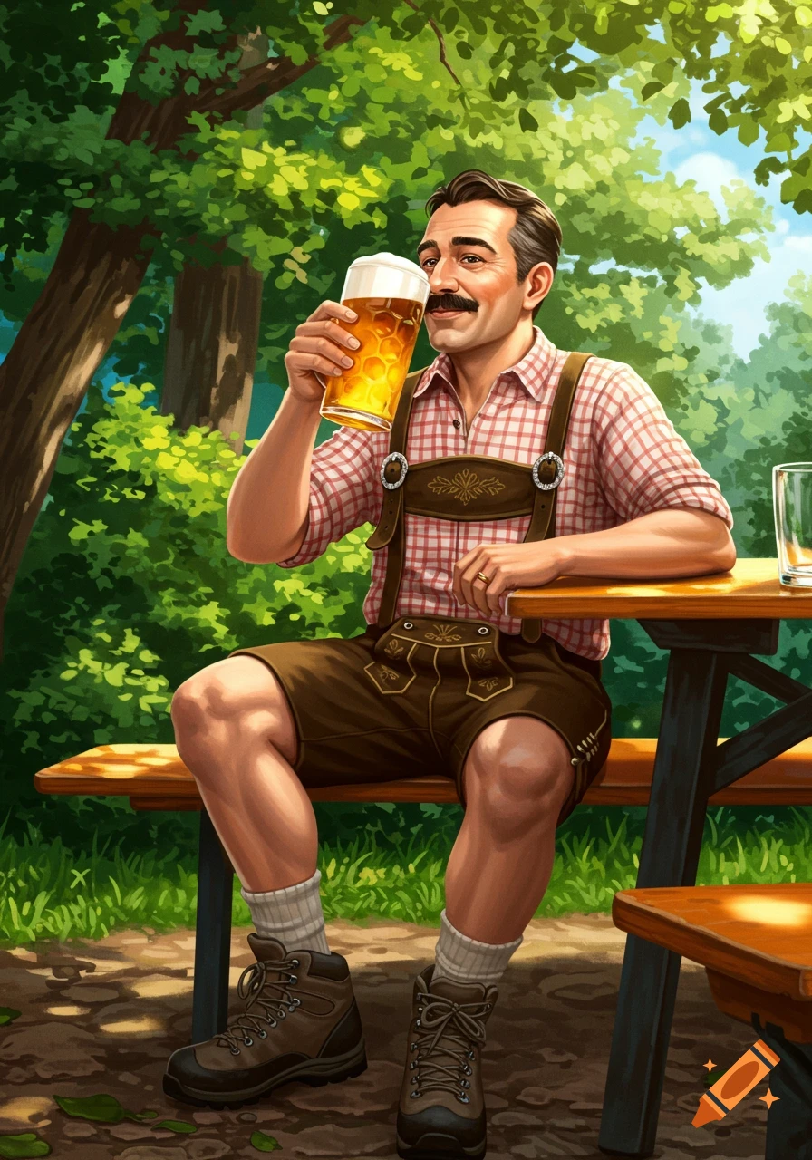 An illustrated man in lederhosen smiles while drinking a glass of beer at an outdoor wooden table.