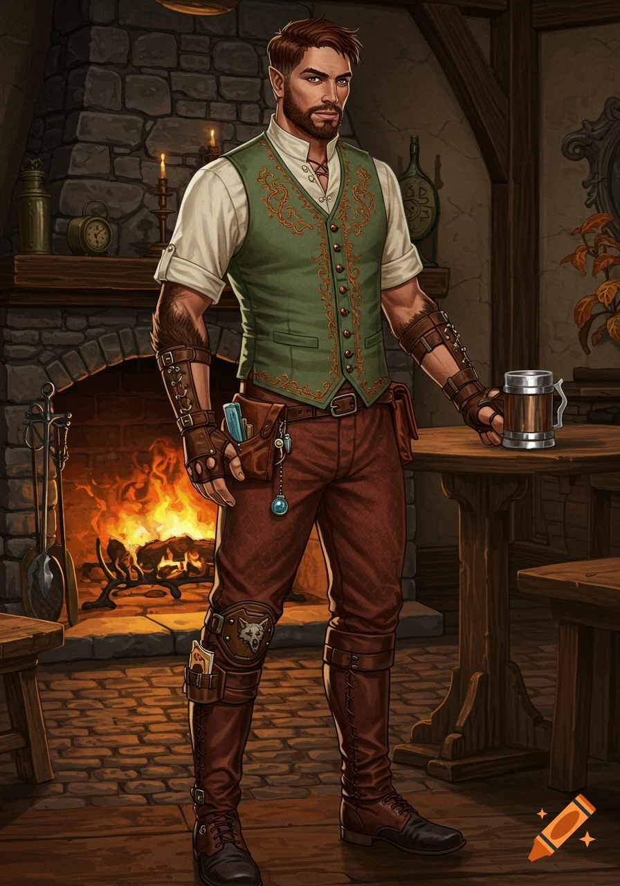A detailed fantasy illustration of a half-werewolf man in a green vest standing in a cozy tavern by a fireplace.
