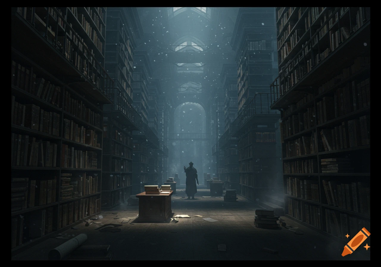 A large, dim library with towering bookshelves and a solitary figure in the misty light.