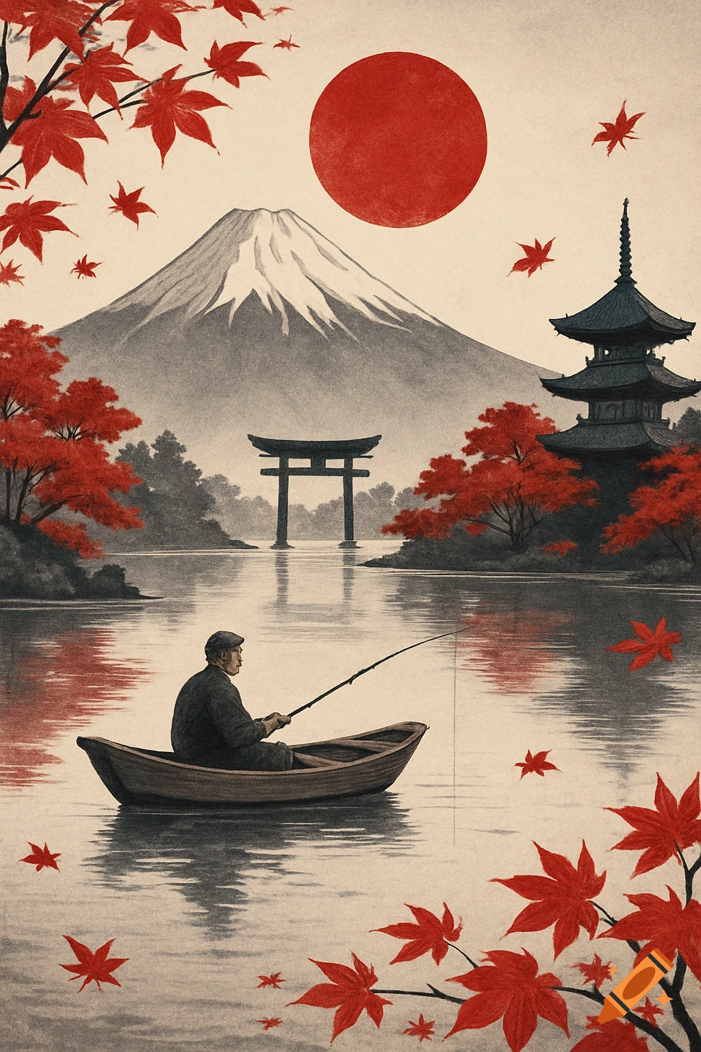 A man fishes from a boat on a tranquil lake with Mount Fuji, a torii gate, and pagoda, surrounded by red maple leaves in a traditional Japanese landscape art style.