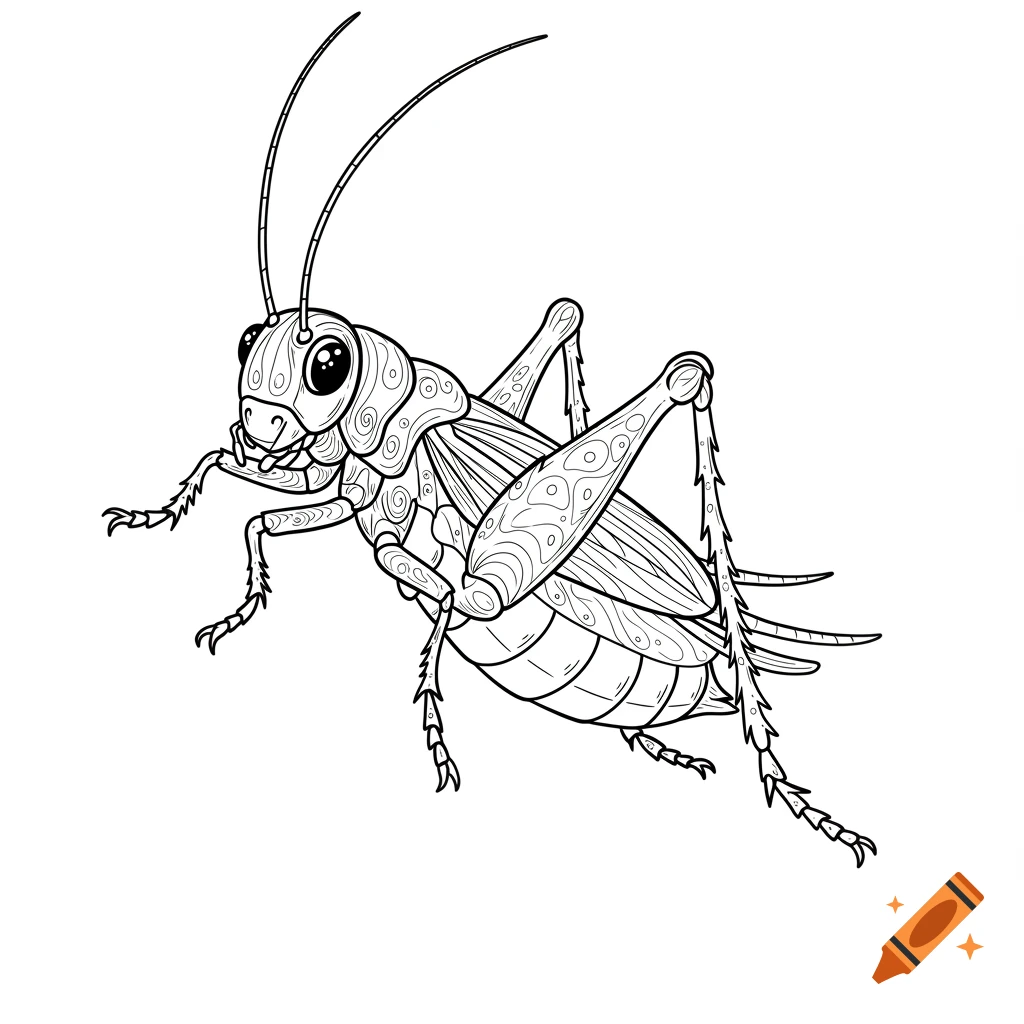 A black and white line drawing of a cricket, stylized for a coloring book, with decorative patterns on its body.