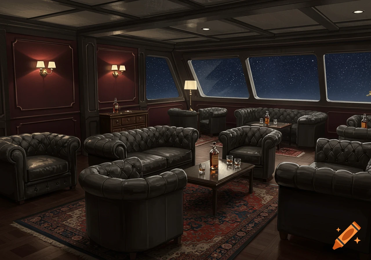 A luxurious lounge with dark leather sofas and armchairs, bottles of liquor on tables, and large windows showing a starry night sky.