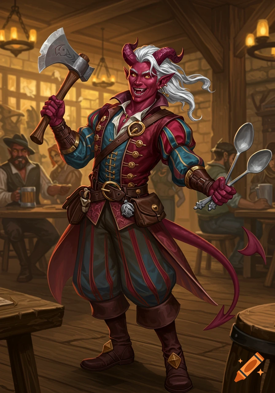 A red-skinned, white-haired Tiefling bard grins while holding an axe and spoons in a tavern.