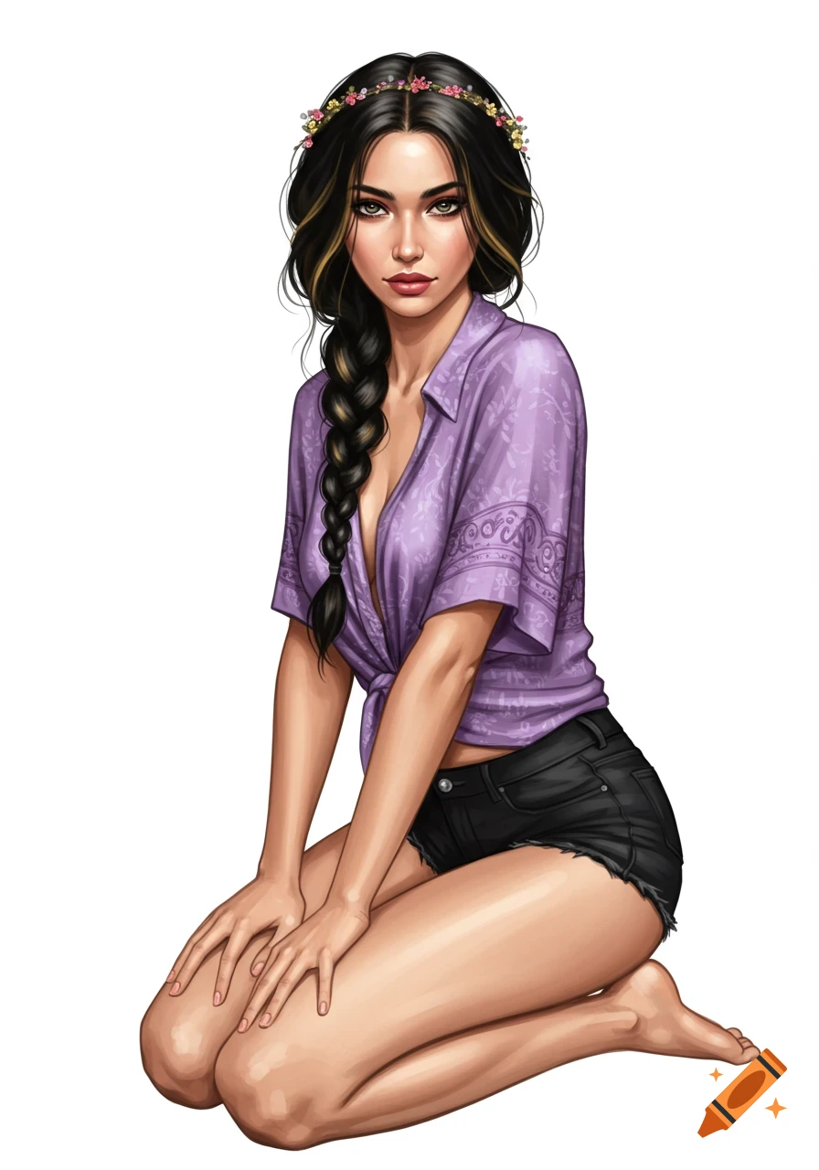 A beautiful woman with dark hair in a waterfall braid, wearing a purple boho shirt and black shorts, kneels barefoot, looking at the viewer in a detailed digital art style.