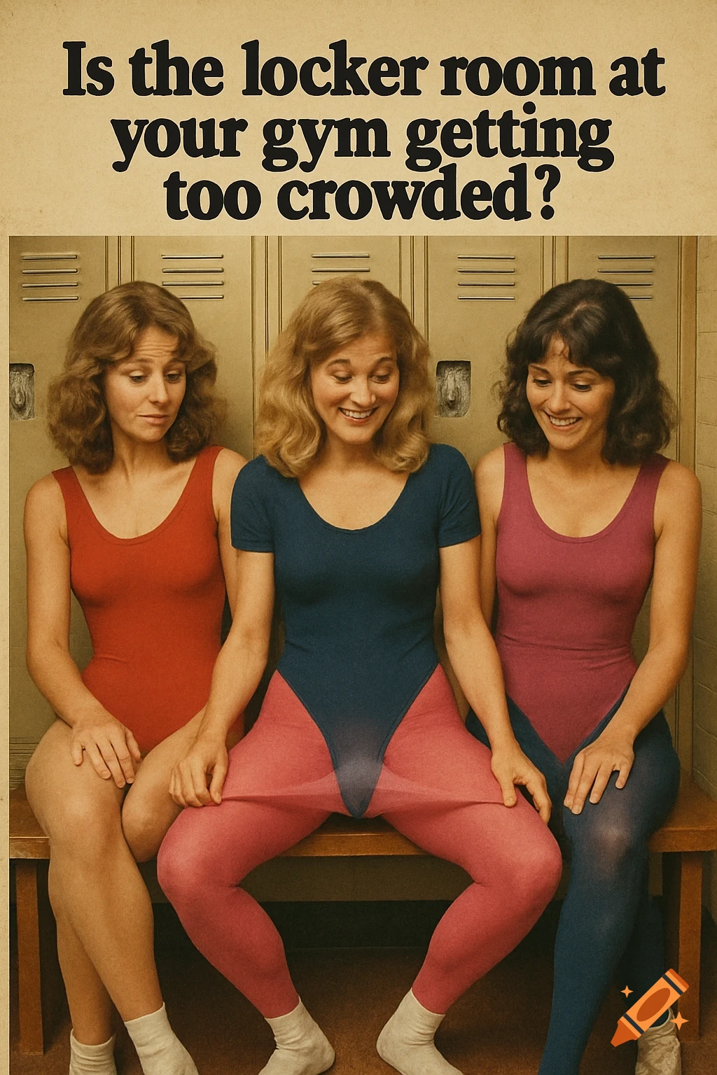 Three women in leotards and tights sit on a locker room bench, comically tangled, under a vintage ad slogan.