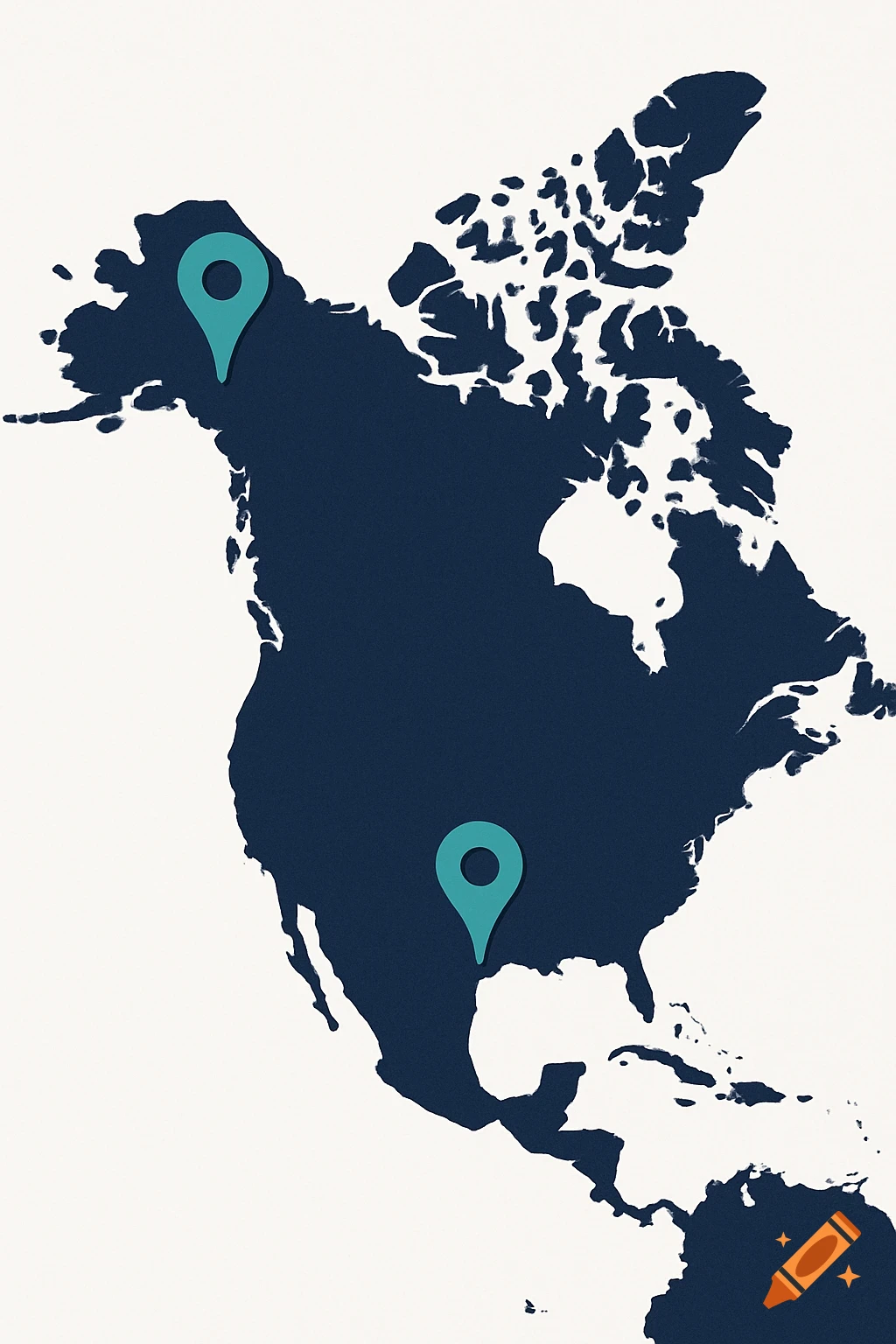A stylized, two-color map of North America with teal map markers over Alaska and Mexico, in a minimalist cartoon style.