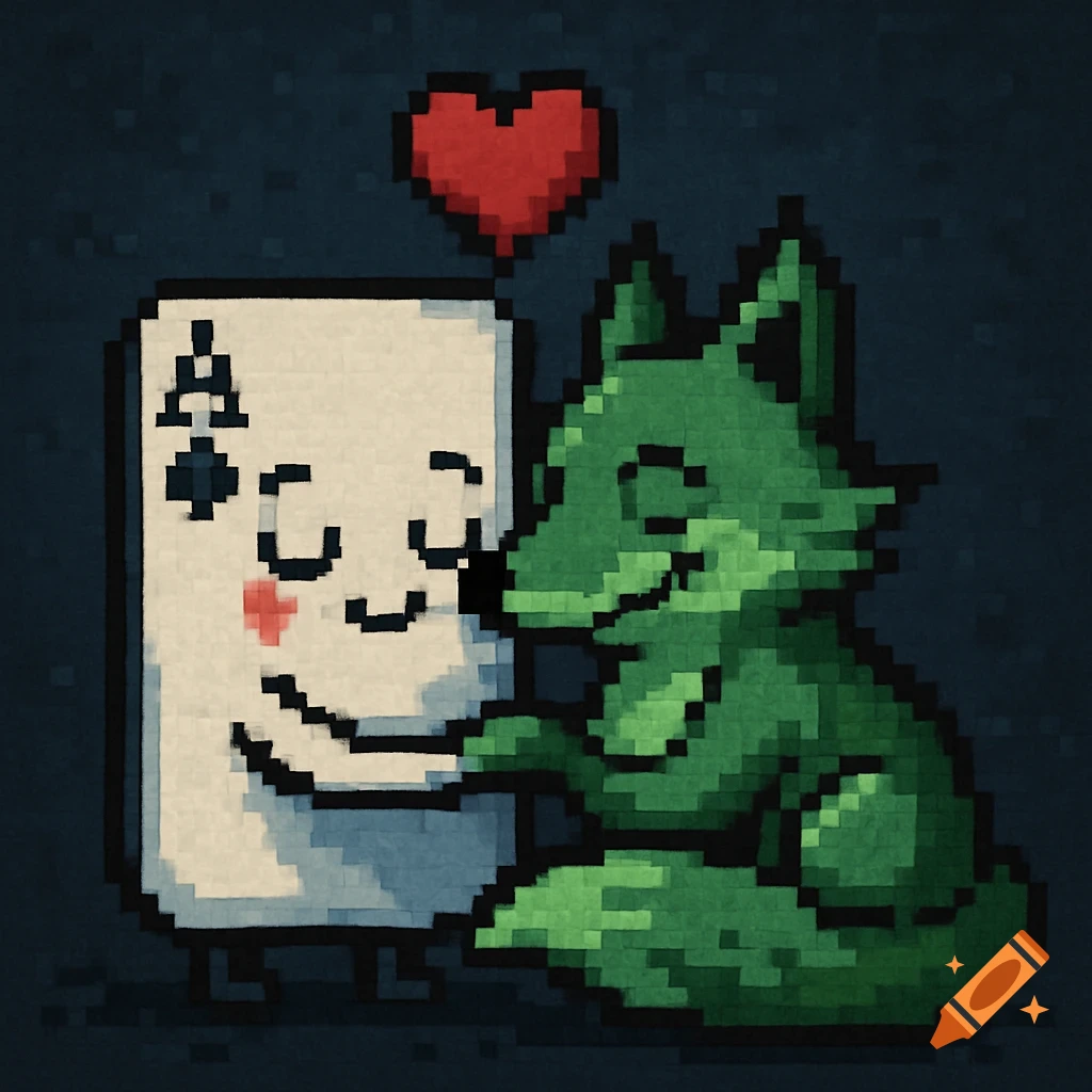 An Ace of Spades playing card hugging a green fox, with a red heart above them, in pixel art style.