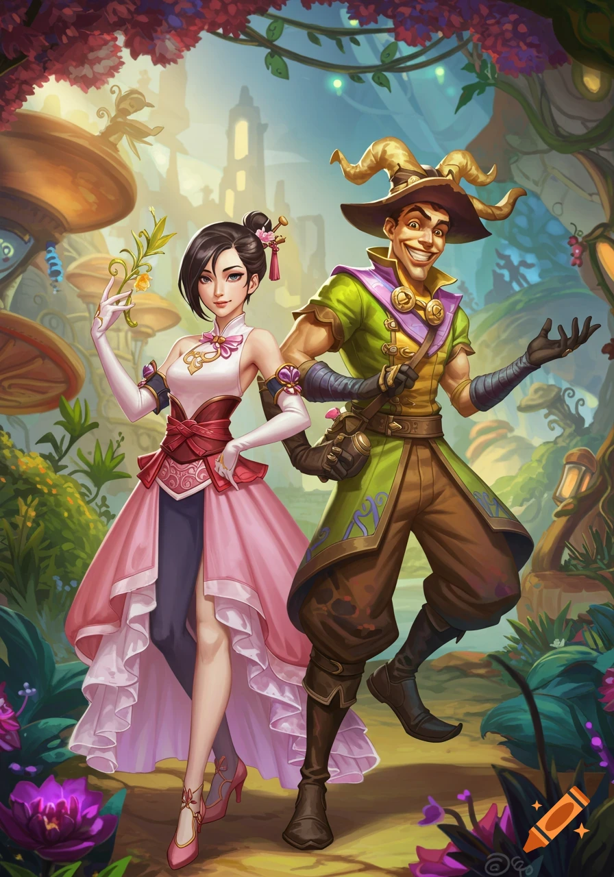 A smiling man and an elegant woman in colorful fantasy attire stand in a whimsical, vibrant forest filled with giant mushrooms and glowing plants, in an illustrative style.