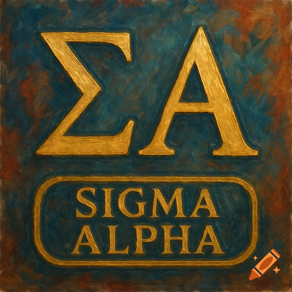 Golden Greek letters Sigma and Alpha above the words 'SIGMA ALPHA' on a textured blue and gold background.