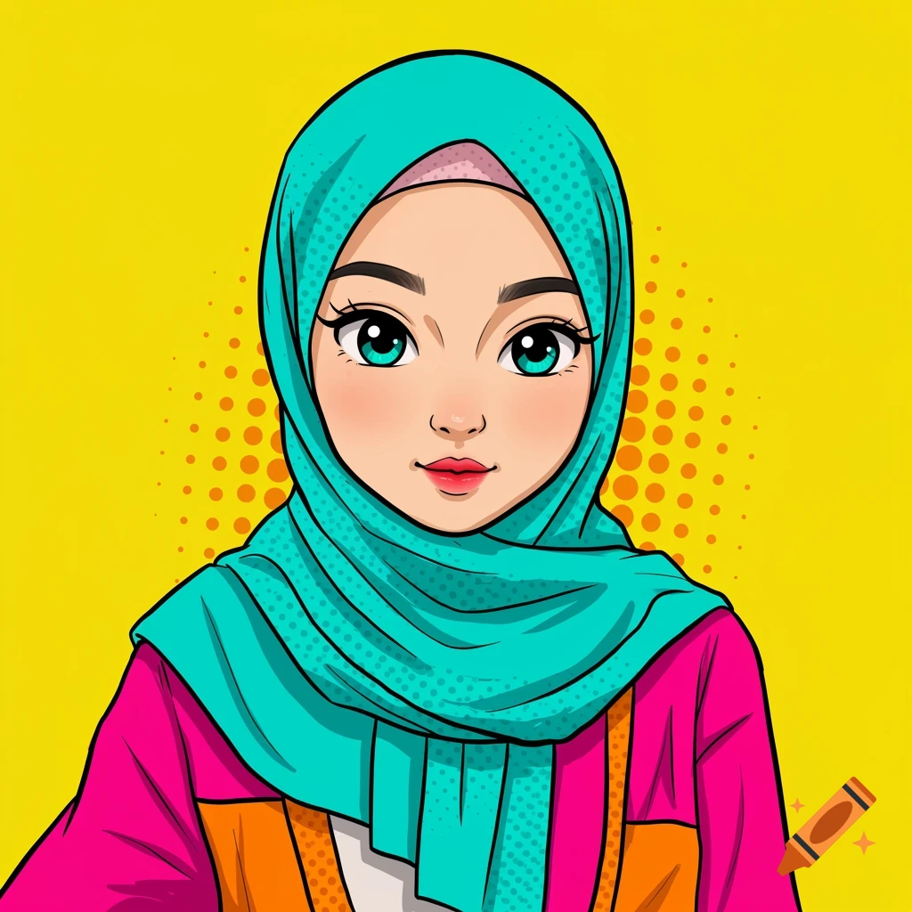 A vibrant pop art illustration of a cute hijabi girl wearing a teal headscarf against a yellow dotted background.