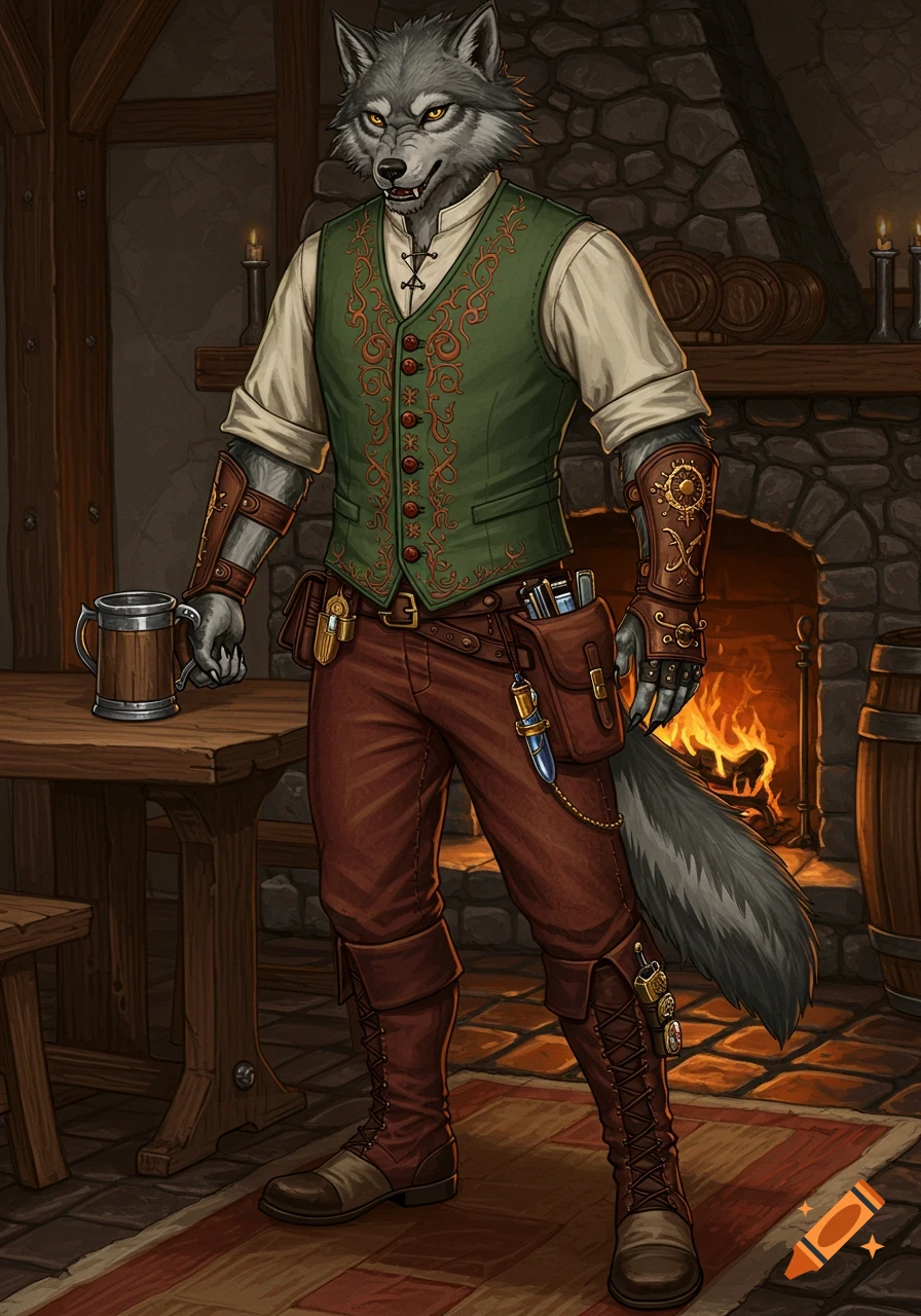 Detailed fantasy illustration of an anthropomorphic grey wolf in a green vest and brown pants, holding a mug in a tavern by a fireplace.