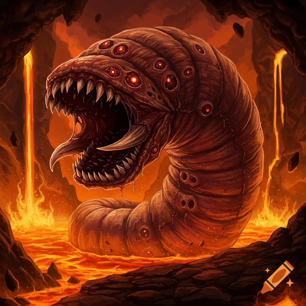 A grotesque, worm-like monster with many red eyes, sharp teeth, and tusks emerges from a pool of molten lava in a dark cavern.