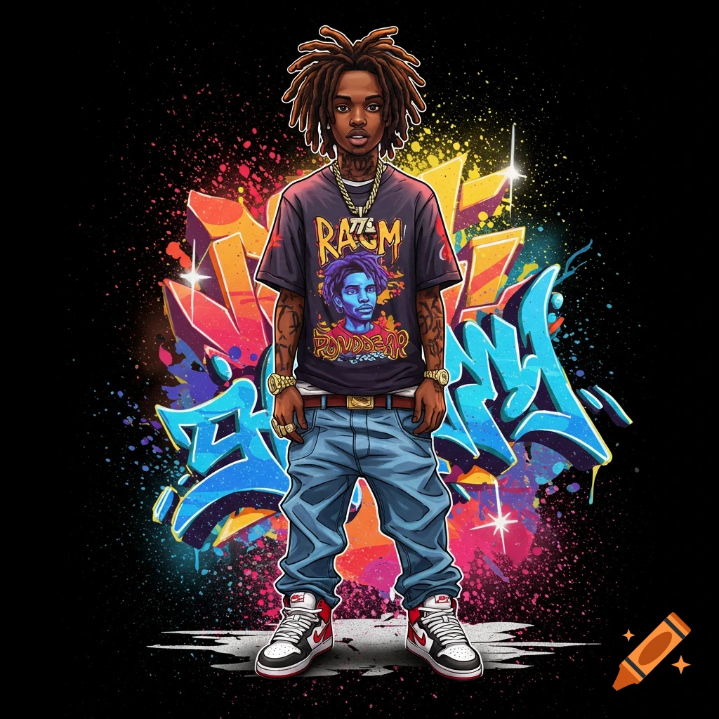 Stylized illustration of a rapper with dreadlocks, wearing a t-shirt, jeans, and sneakers, standing in front of colorful graffiti art.