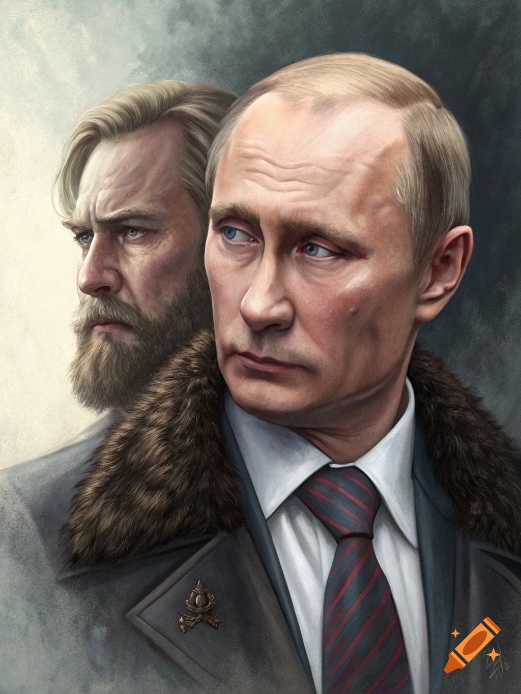 Painting of Vladimir Putin in a suit with a fur collar, alongside a bearded man in the background.