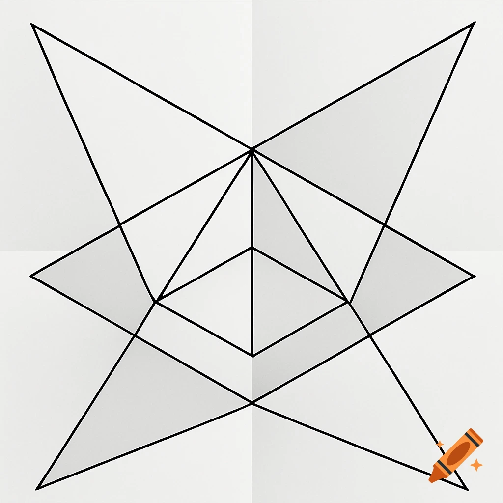 Abstract black and white geometric illustration of a tetrahedron with extended faces, creating intersecting lines and shaded areas.