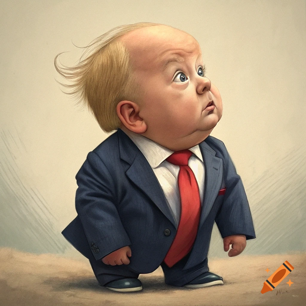 A cartoonish baby with blonde hair and a red tie wearing a suit, looking upwards.