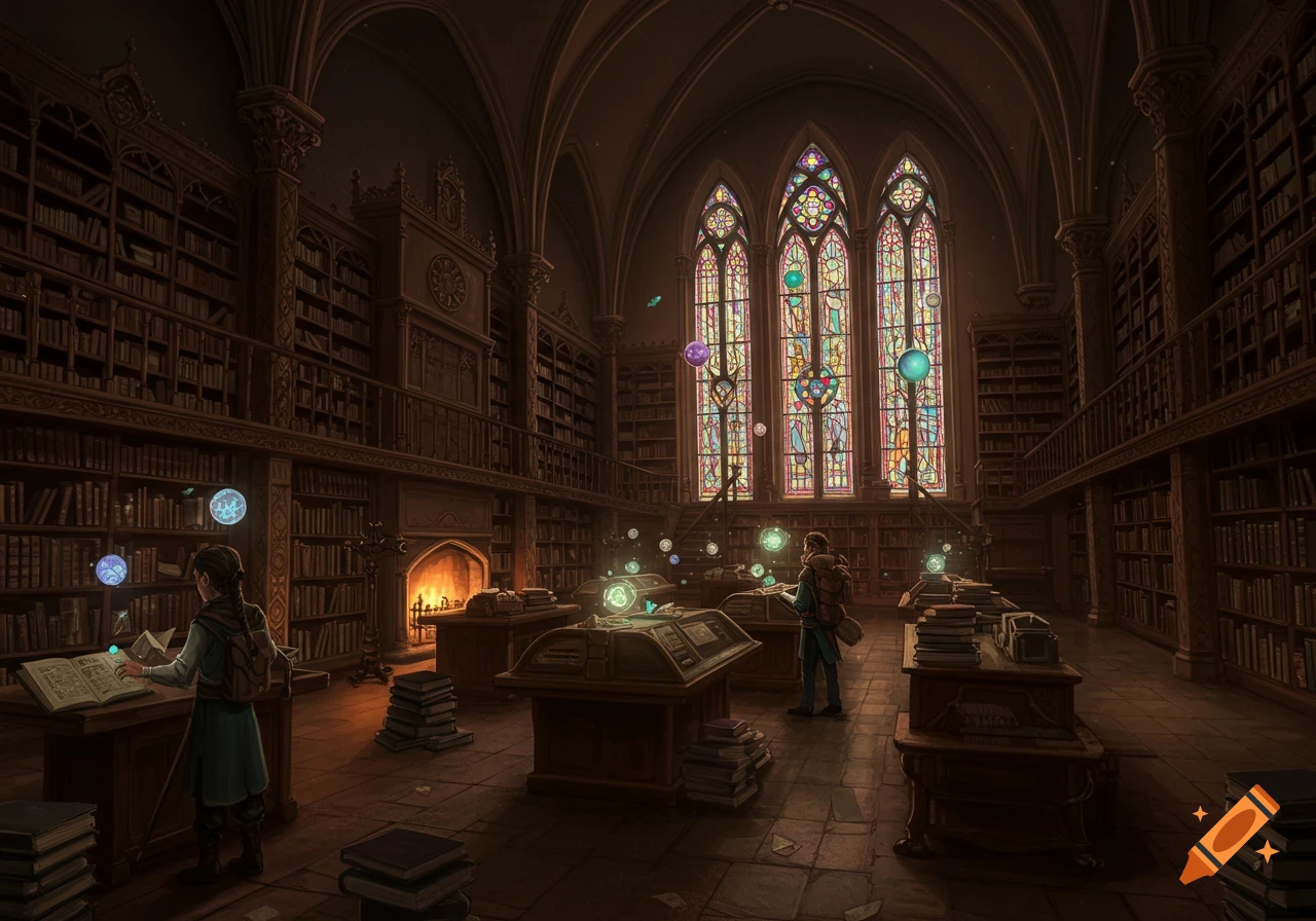 A grand gothic fantasy library with towering bookshelves, luminous stained glass windows, and two people studying glowing magical orbs.