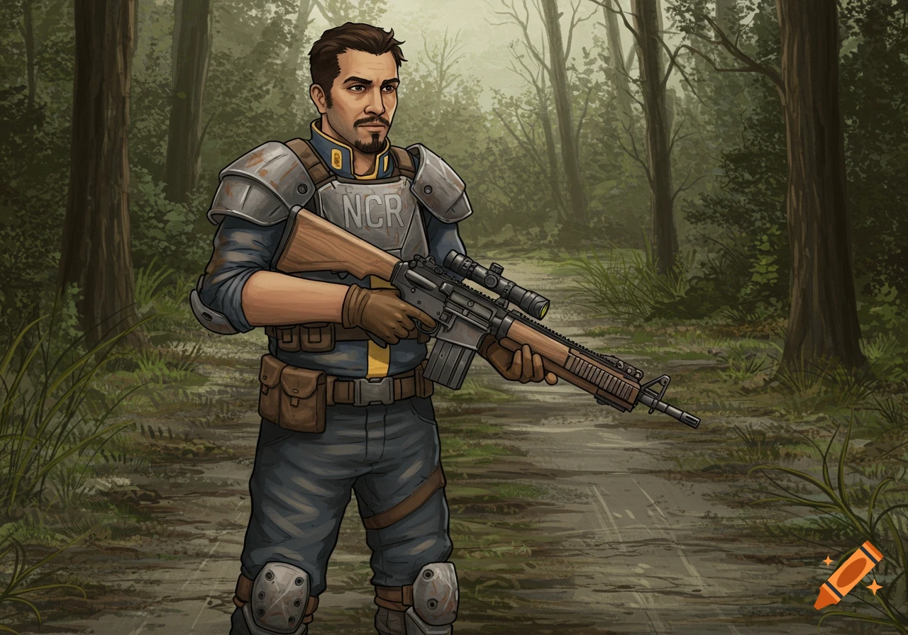 A man in Fallout's NCR armor holds a rifle in a forest, depicted in a stylized illustration.