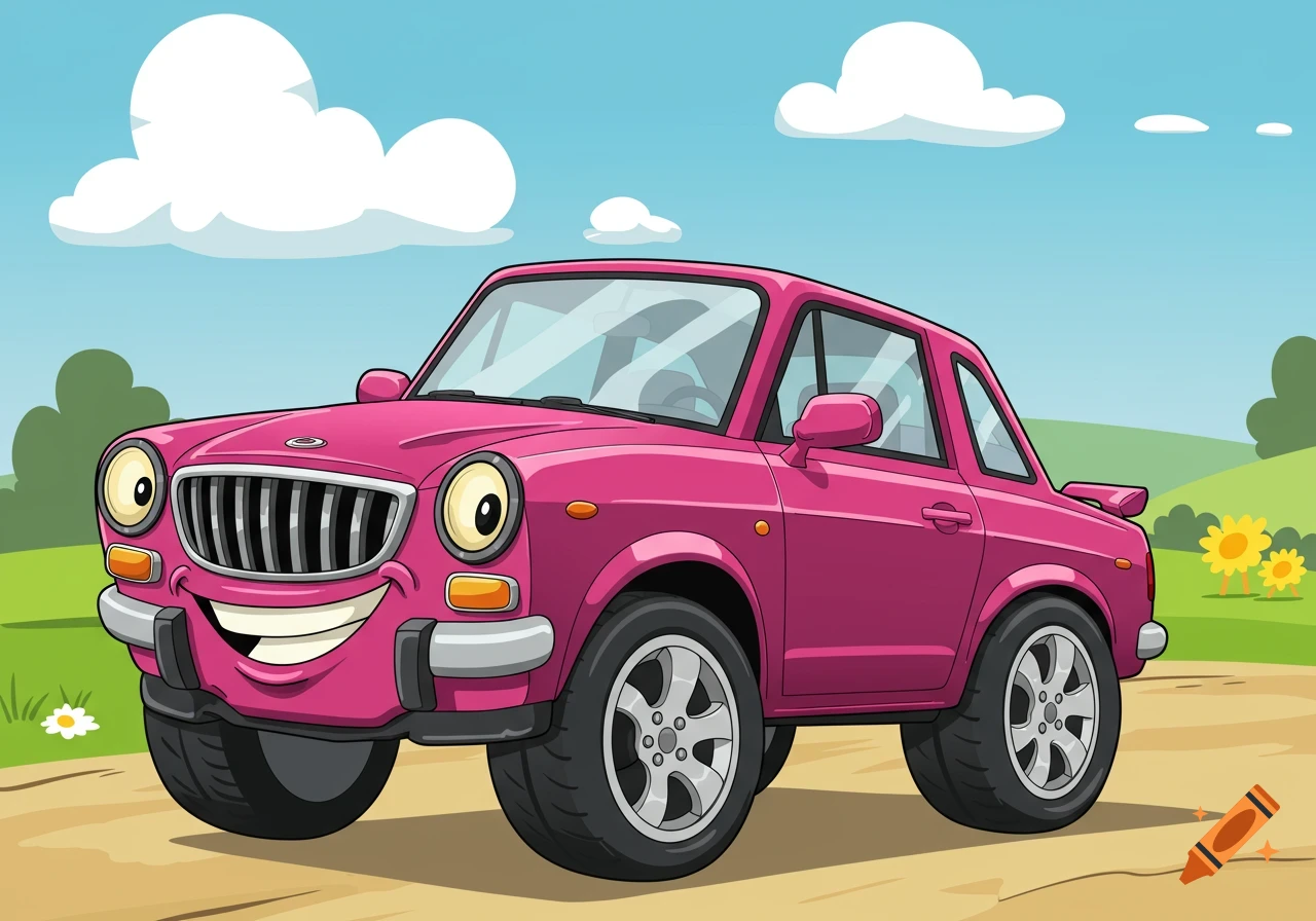 A pink cartoon car with a happy face drives on a dirt road in a green landscape under a blue sky.