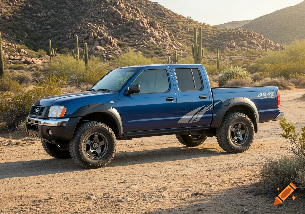 A blue Nissan Frontier pickup truck with off-road tires parked on a dusty desert trail with mountains and cacti under a clear sky. Photorealistic style.