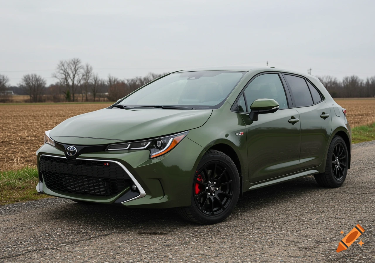 An olive green Toyota Corolla hatchback with black wheels parked on a gravel road next to a plowed field under a cloudy sky.