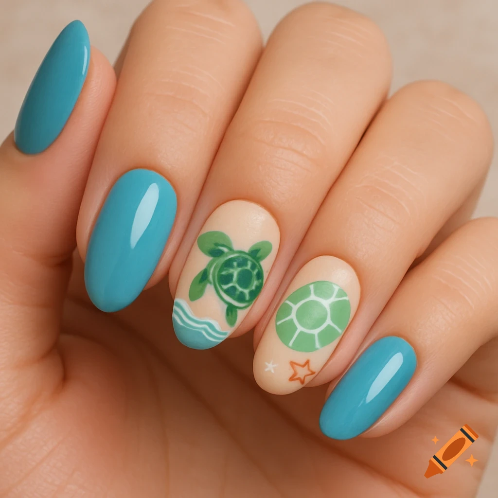 Close-up of a hand with summer-themed nail art, featuring turquoise blue nails and two accent nails with green sea turtle and turtle shell designs on a beige base.