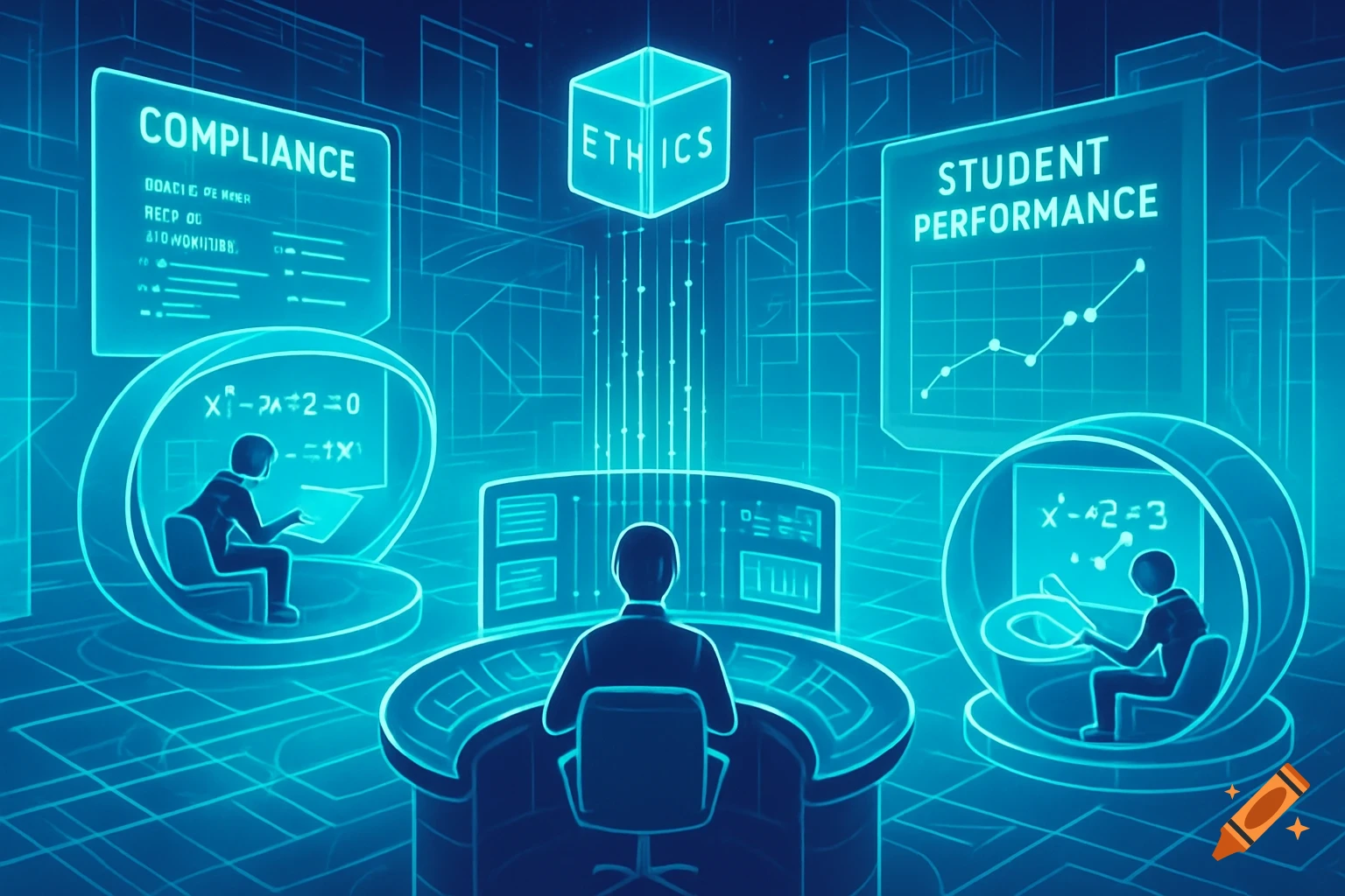 A futuristic blue holographic landscape depicting a central command station, with screens for compliance, ethics, and student performance, and interactive learning pods with algebra equations.