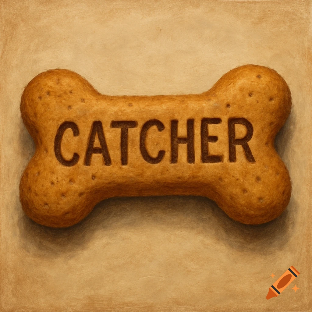 A photorealistic close-up of a golden-brown dog biscuit in the shape of a bone, with the word "CATCHER" embossed on it.