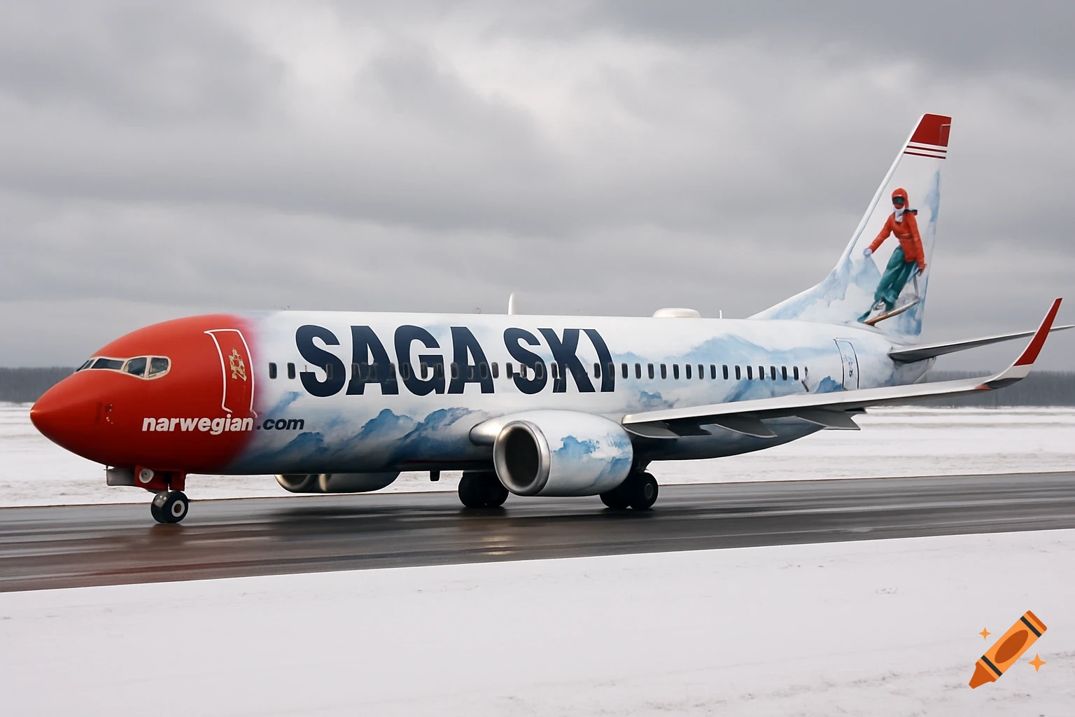 A Norwegian Air Boeing 737 with "Saga Ski" livery and a skier on the tail, taxiing on a snowy runway under a cloudy sky.