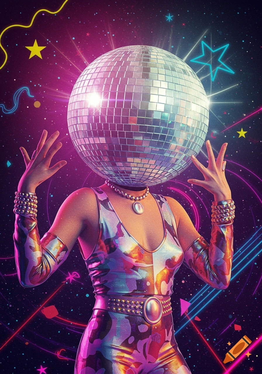 A person with a shiny disco ball head wears a vibrant iridescent jumpsuit, striking a pose in a neon-lit, starry cosmic background.
