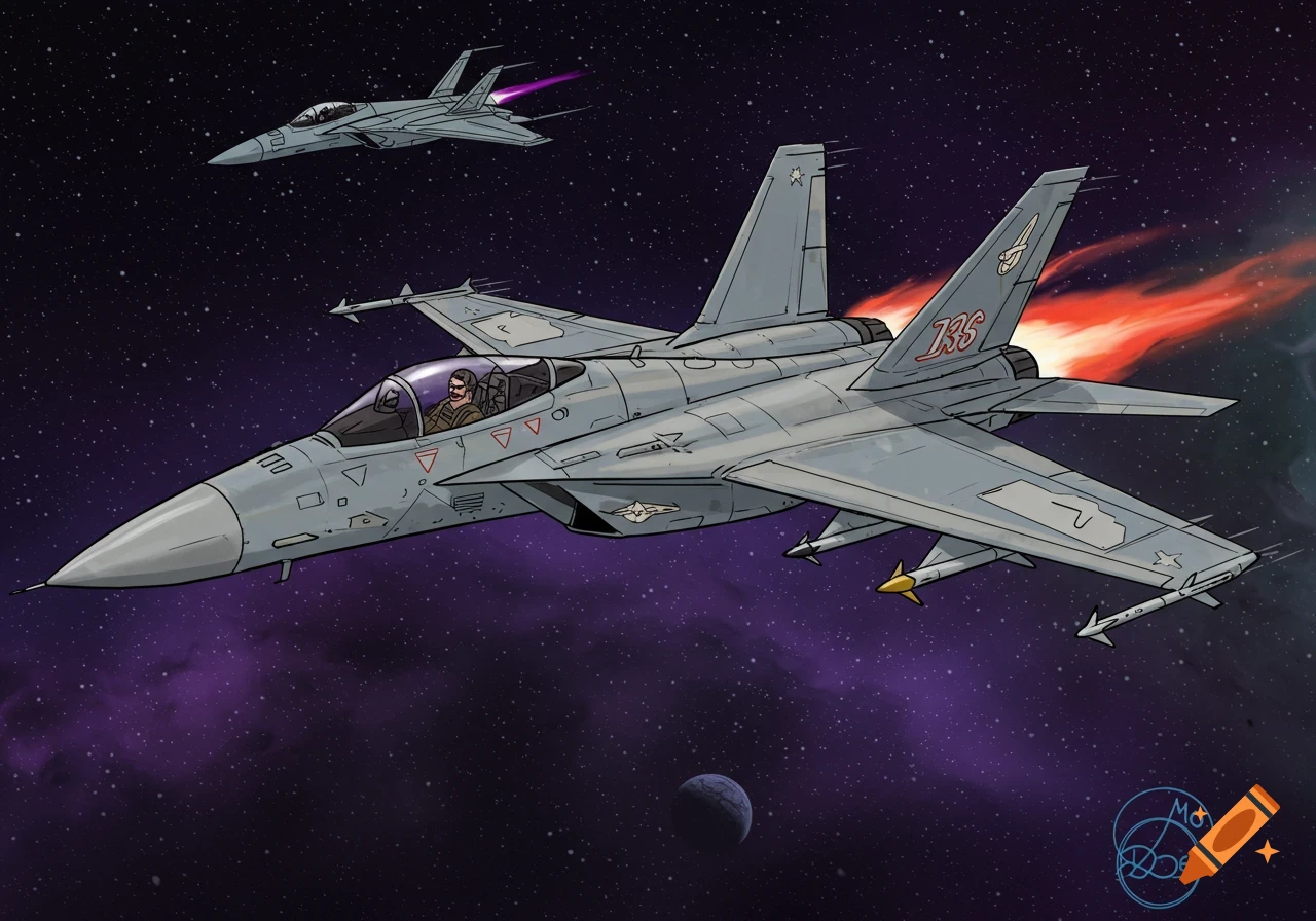 Two cartoon fighter jets, one with red flames from its engines, flying through deep space with stars and a distant planet.